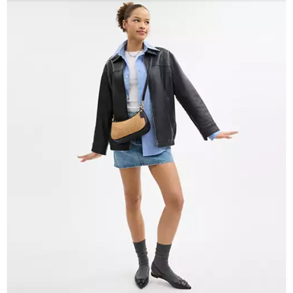 COACH Teri Shoulder Crossbody Bag 2way In Toast Black Straw Leather CAL90 NWT - Picture 6 of 12